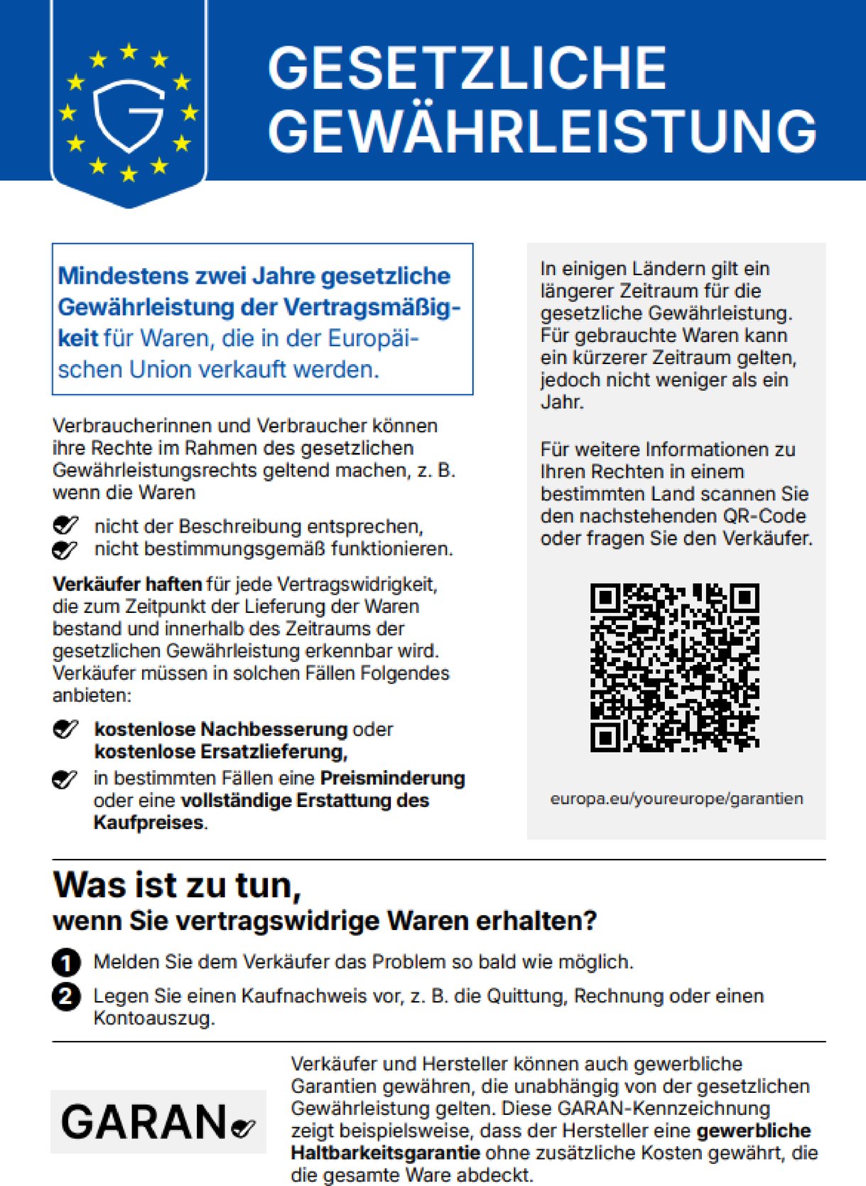 EU-Informationen zur gesetzlichen Gew&auml;hrleistung bei Waren